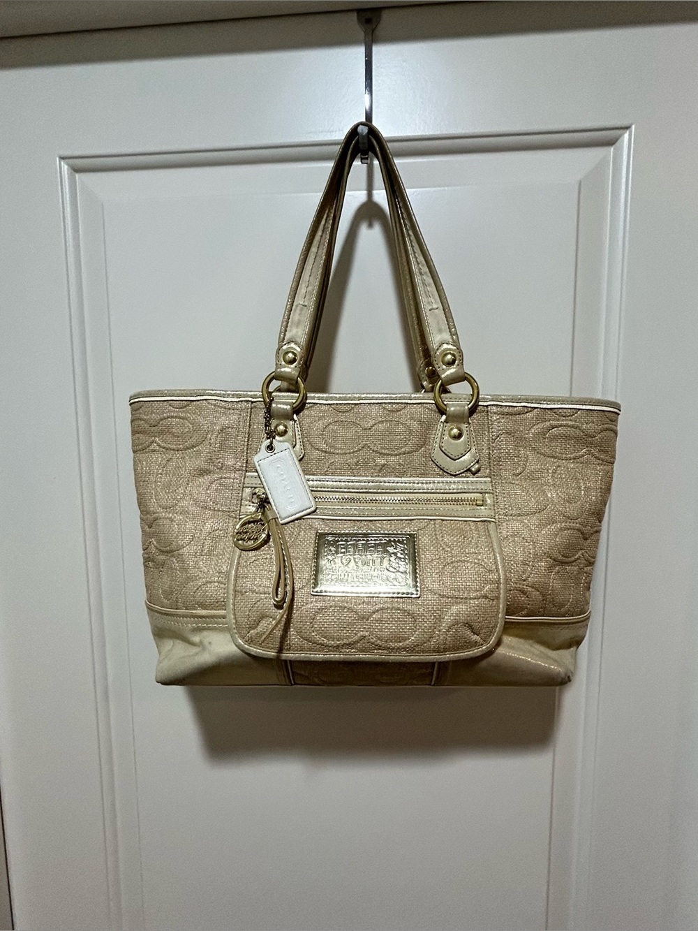 Coach Poppy Beige Signature Jacquard Tote with Gold Accents. Retail $228
